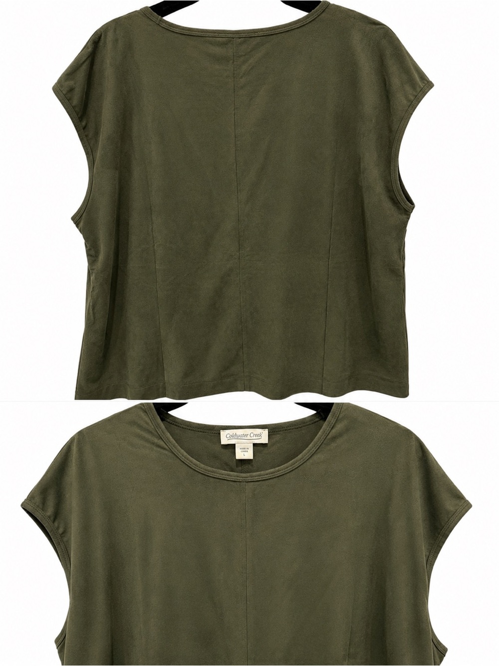 Coldwater Creek Faux Suede Cap Sleeve Top Size L NWOT, Color Moss Green/Olive